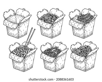  Wok, Vektorgrafik Skizze. Einzeln chinesische Kiste und Stäbchen mit Nudeln und Gemüse. Handgezeichnet detaillierte schnelle asiatische Food-Illustration. Gut für Banner, Poster, Zeichen