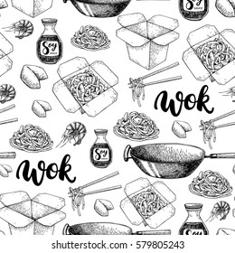 Wok Vector Hand Drawn Seamless Pattern With Lettering. Isolated Chinese Box, Wok And Chopsticks With Noodles, Vegetables And Seafood. Fast Asian Food Background For  Poster, Menu Decor, Packaging