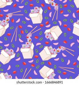 Wok with vegetables and glass noodles. Traditional asian food. Chinese, Japanese cuisine. Fast food takeout in a box. Minimalistic flat design. Seamless background with pattern.