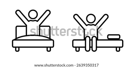Woke up and stretched in bed. Waking up, good morning. Cartoon wake up or sleepless line icon. Stickman, stick figure man sign. Sleeping concept. Persion in bed. Sleeping shelter, sleeping hotel.