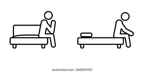 Woke up and unhappy man on bed. Privacy and alone, sit, sadly or thinking concept. Mental health, life crisis. Good morning, time. Trouble sleeping. Migraine or sinus headache. Faith or pray symbol