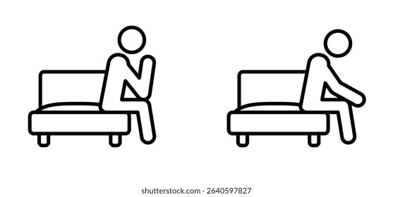 Woke up and unhappy man on bed. Privacy and alone, sit, sadly or thinking concept. Mental health, life crisis. Good morning, time. Trouble sleeping. Migraine or sinus headache. Faith or pray symbol