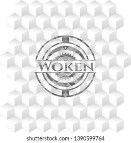 Woken grey emblem with geometric cube white background