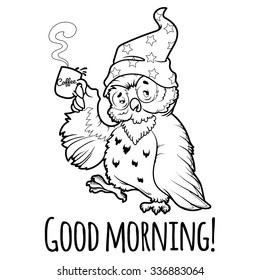 Woken owl in the nightcap with a cup of coffee. Cartoon vector character on a white background.