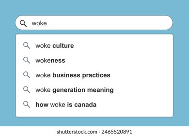 Wokeness and woke culture. Wokeness concept online search engine autocomplete suggestions.