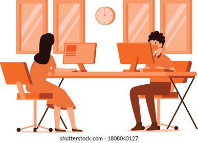 Wokers are keeping their distance while working at the office illustration