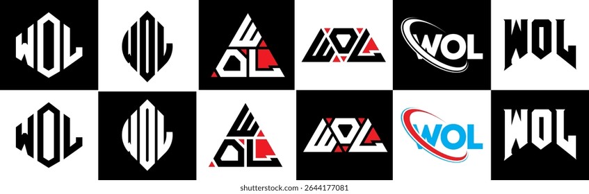 WOL letter logo design in six style. WOL polygon, circle, triangle, hexagon, flat and simple style with black and white color variation letter logo set in one artboard. WOL minimalist and classic logo