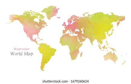 Wold Map with Watercolor texture on white background