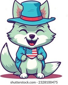 Wolf 4th of July Cute in the style of colorful animal