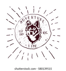 Wolf with "adventure time"lettering, vector graphic art round shape emblem, retro vintage style badge design logo. 