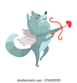 Wolf with amoretto wings with bow and arrows isolated on white. Timber wolf lover flying like Cupid. Cute cartoon animal post card design. Valentines day concept vector illustration in flat style