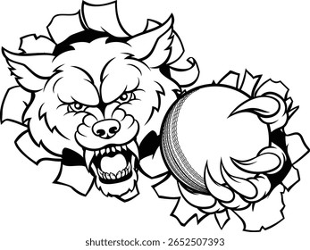 Um lobo zangado animal futebol críquete esporte mascote segurando uma bola 
