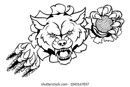 A wolf angry animal sports mascot holding a golf ball and breaking through the background with its claws