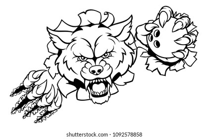 A wolf angry animal sports mascot holding a ten pin bowling ball and breaking through the background with its claws