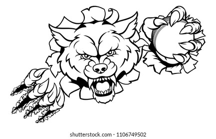 A wolf angry animal sports mascot holding a cricket ball and breaking through the background with its claws