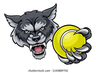 A wolf angry animal sports mascot holding a tennis ball 