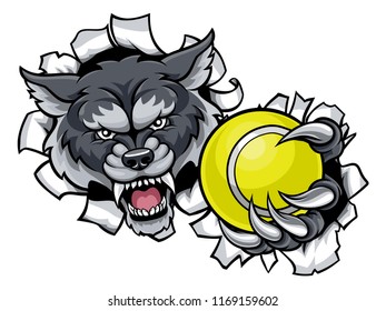 A wolf angry animal sports mascot holding a tennis ball and breaking through the background with its claws