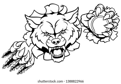 A wolf angry animal sports mascot holding a tennis ball and breaking through the background with its claws