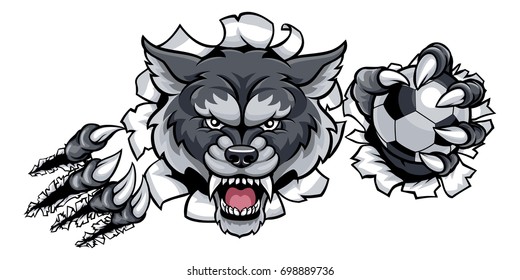 A Wolf Angry Animal Sports Mascot Holding A Soccer Football Ball And Breaking Through The Background With Its Claws