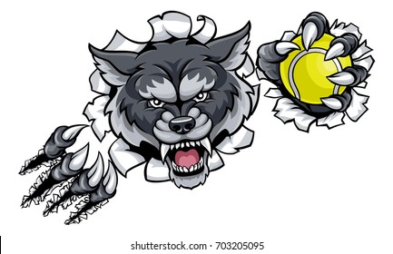 A wolf angry animal sports mascot holding a tennis ball and breaking through the background with its claws