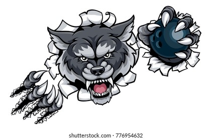 A wolf angry animal sports mascot holding a ten pin bowling ball and breaking through the background with its claws