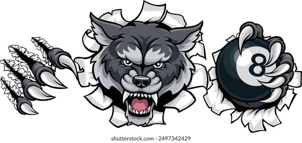 A wolf angry mean pool billiards mascot cartoon character holding a black 8 ball.
