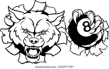 A wolf angry mean pool billiards mascot cartoon character holding a black 8 ball.
