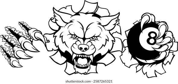 A wolf angry mean pool billiards mascot cartoon character holding a black 8 ball.
