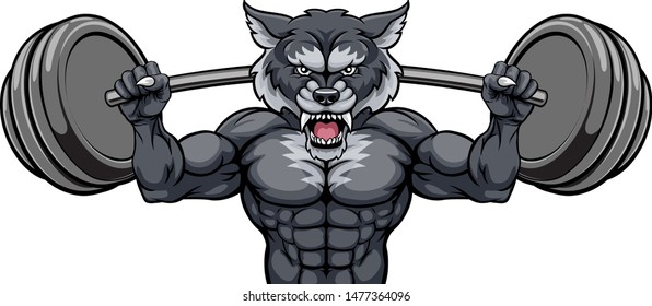 A wolf animal body builder sports mascot weight lifting a barbell 