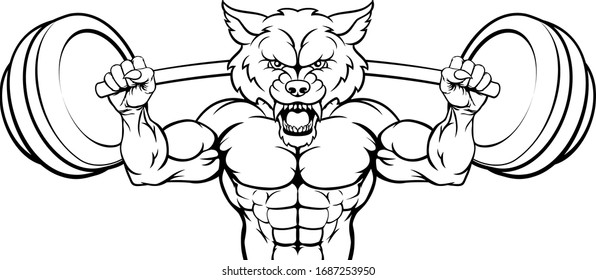 A wolf animal body builder sports mascot weight lifting a barbell 