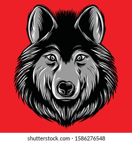 Wolf animal face. Scary grey wolf head. Realistic fur gray wild wolf