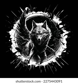 Wolf animal illustration, nature conservation hand-drawn vector.  Wolf howled at the moon in the forest. wolf mascot ripping, punching, or tearing through a cloth or black and white background.