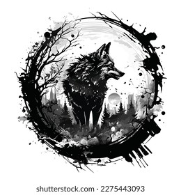 Wolf animal illustration, nature conservation hand-drawn vector.  Wolf howled at the moon in the forest. wolf mascot ripping, punching, or tearing through a cloth or black and white background.