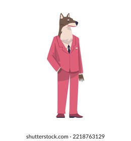 Wolf as Animal Office Employee Wearing Formal Corporate Suit Standing Vector Illustration