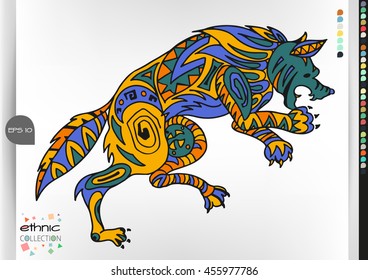 Wolf .Animal patterns with hand-drawn doodle waves and lines. Vector illustration in bright colors.