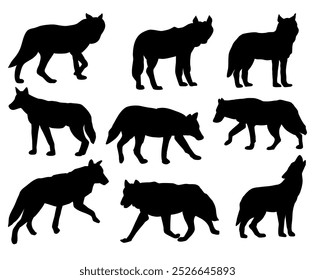 Wolf animal silhouettes set, black vector silhouette design pack, isolated white background