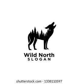 Wolf Animal Wild North Life. Animal With North Wild Pine Tree Silhouette Logo Icon Designs Vector Illustration Template. For Hunting And Wild Adventure Logo Product And Trip.