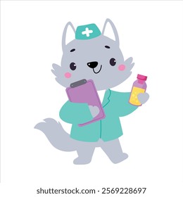 Wolf Animal Work in Ambulance and Hospital Hold Clipboard Vector Illustration