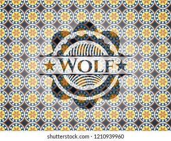 Wolf arabic badge background. Arabesque decoration.