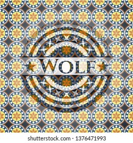 Wolf arabic style badge. Arabesque decoration.
