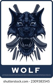 the wolf artwork with a machete behind it is suitable for t-shirt design and merchandise in cool blue tones