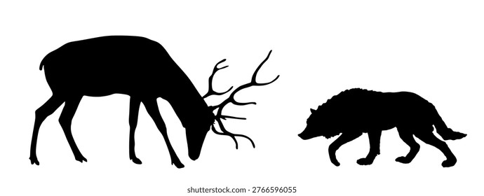 Wolf attack prey deer elk vector silhouette illustration isolated. Angry beast danger hunt attack animal buck battle for life. Strong powerful antlers fight VS alpha wolf jaws. Wildlife survival food.