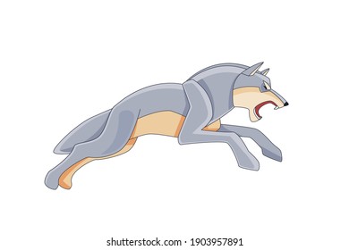 The Wolf attacks. Cartoon character of a dangerous mammal animal. A wild forest creature with gray fur. Side view. Vector flat illustration isolated on a white background.