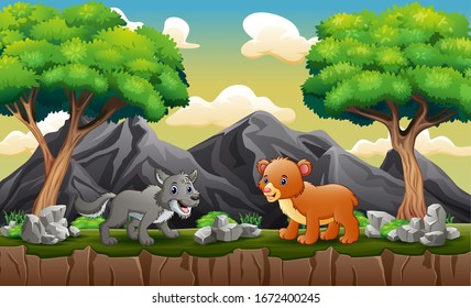 Wolf and baby bear in the jungle