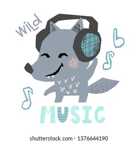 Wolf baby dance with headphones cute print. Sweet wolfling listen to music. Disco retro party. Cool illustration for nursery poster, t-shirt, kids apparel, baby party invitation. Simple child design