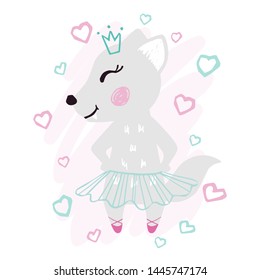 Wolf baby girl, cute print. Sweet she-wolf with magic wand, crown, ballet tutu, pointe shoes. Cool animal illustration for nursery t-shirt, kids apparel, birthday card, invitation. Girly hearts design