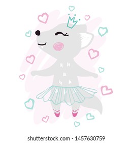 Wolf baby girl cute print. Sweet she-wolf ballerina dancing with crown, ballet tutu, pointe. Cool animal illustration for nursery t-shirt, kids apparel, birthday card, invitation. Heart girly design
