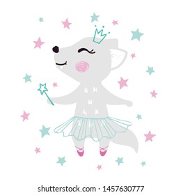 Wolf baby girl cute print. Sweet she-wolf with magic wand, crown, ballet tutu, pointe shoes. Cool animal illustration for nursery t-shirt, kids apparel, birthday card, invitation. Girly star design