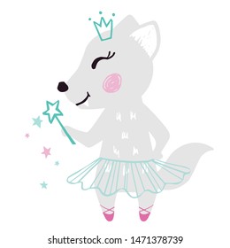 Wolf baby girl cute print. Sweet she-wolf with magic wand, crown, ballet tutu, pointe shoes. Cool animal illustration for nursery t-shirt, kids apparel, birthday card, invitation. Simple child design