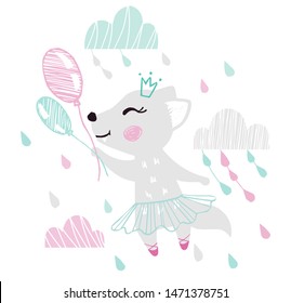 Wolf baby girl cute print. Sweet she-wolf flying on balloons among cloud. Ballet tutu, pointe, shoes. Cool animal illustration for nursery wallpaper, t-shirt, kids apparel, birthday card. Girly design